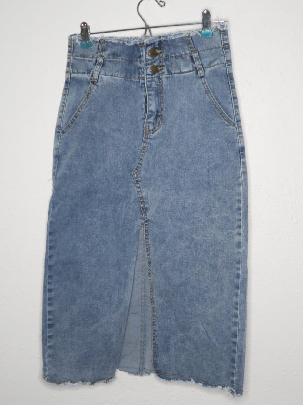 Medium Wash Blue Denim Front Slit  Midi Skirt